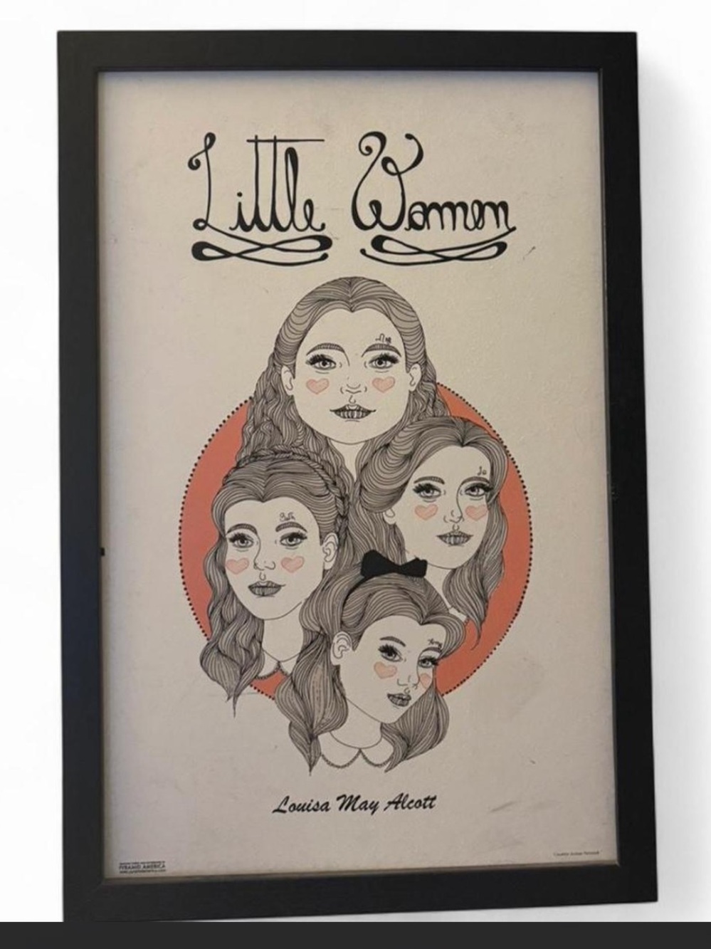 Little Women Illustrated Art Print in Black Frame and Cream & Coral Accents